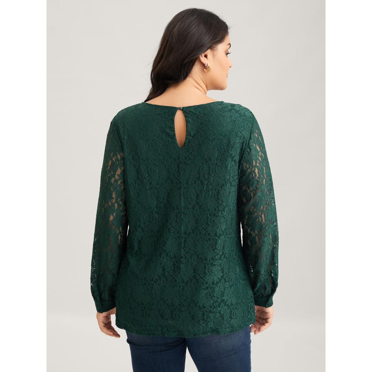Plus Size Purple Solid Crochet Lace Mesh Crew Neck Blouse Women Cocktail Long Sleeve Round Neck Party Blouses BloomChic 26/4X Product Image