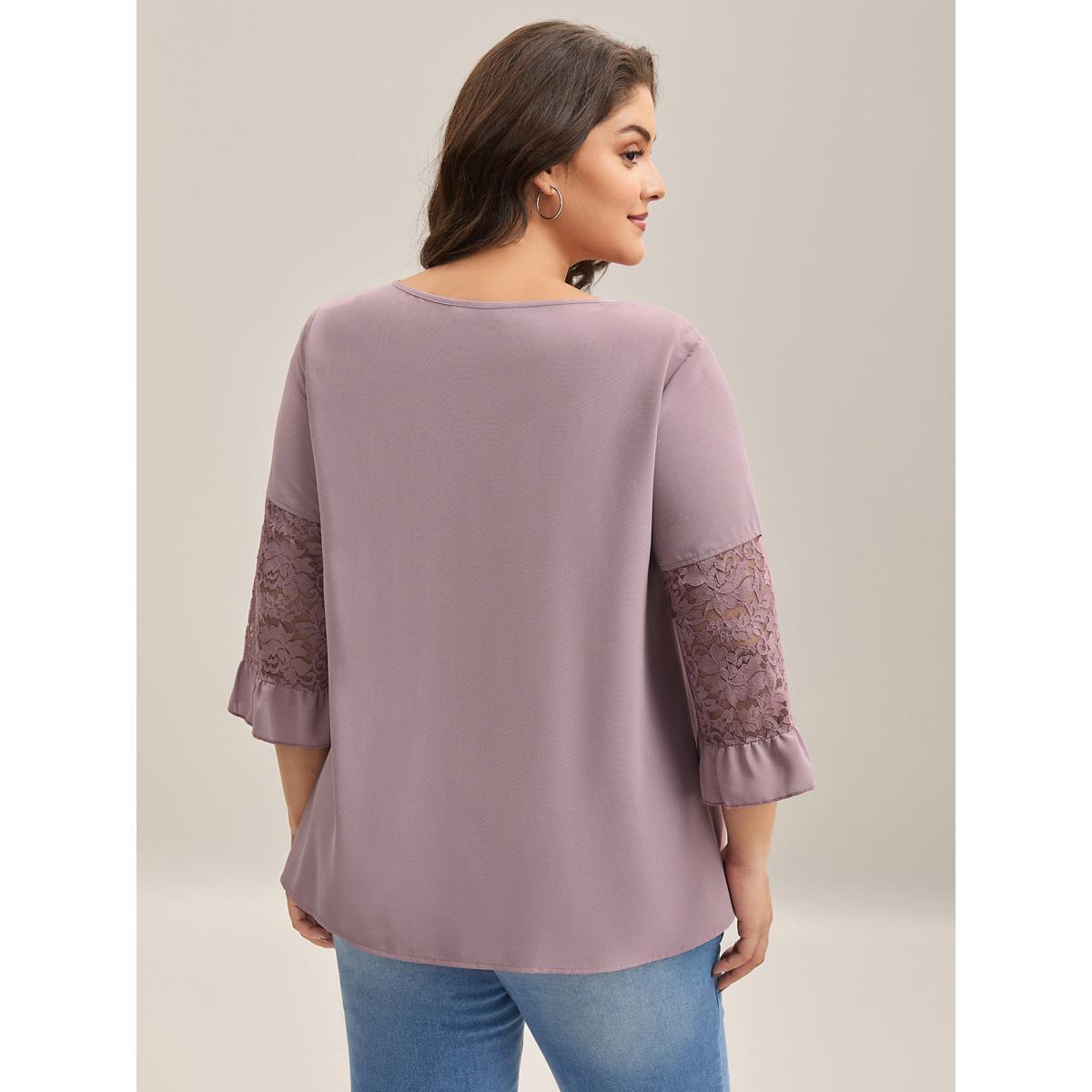 Plus Size Lilac Toothpick Pleats Lace Neck Tie Blouse Women Elbow-length sleeve Notched collar Vacation Blouses BloomChic 30/6X Product Image