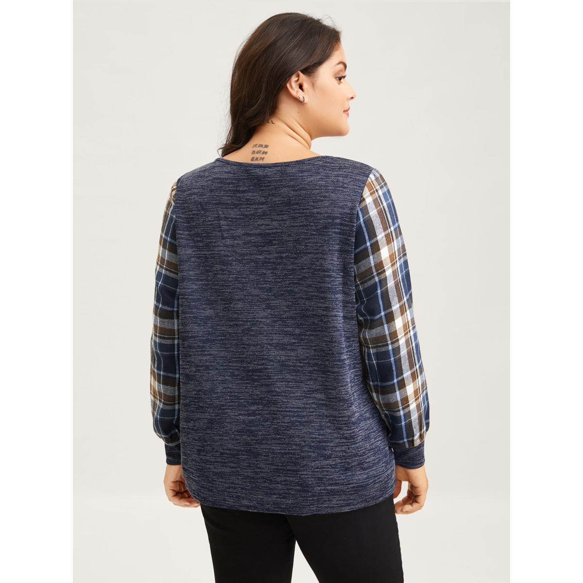 Plus Size Plaid Sleeve Button Up Patchwork Sweatshirt Women Indigo Casual Contrast Notched collar Everyday Sweatshirts BloomChic 14-16/1X Product Image