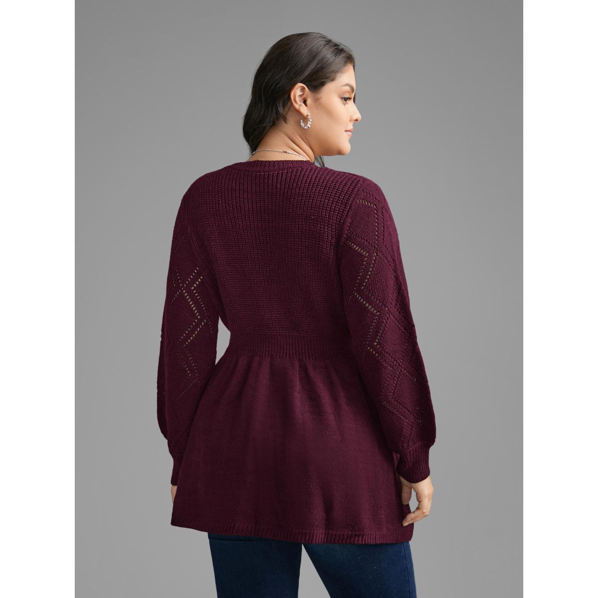 Plus Size V Neck Lace Panel Lantern Sleeve Pullover Deepred Women Casual Bodycon Long Sleeve V-neck Everyday Pullovers BloomChic 10/M Product Image