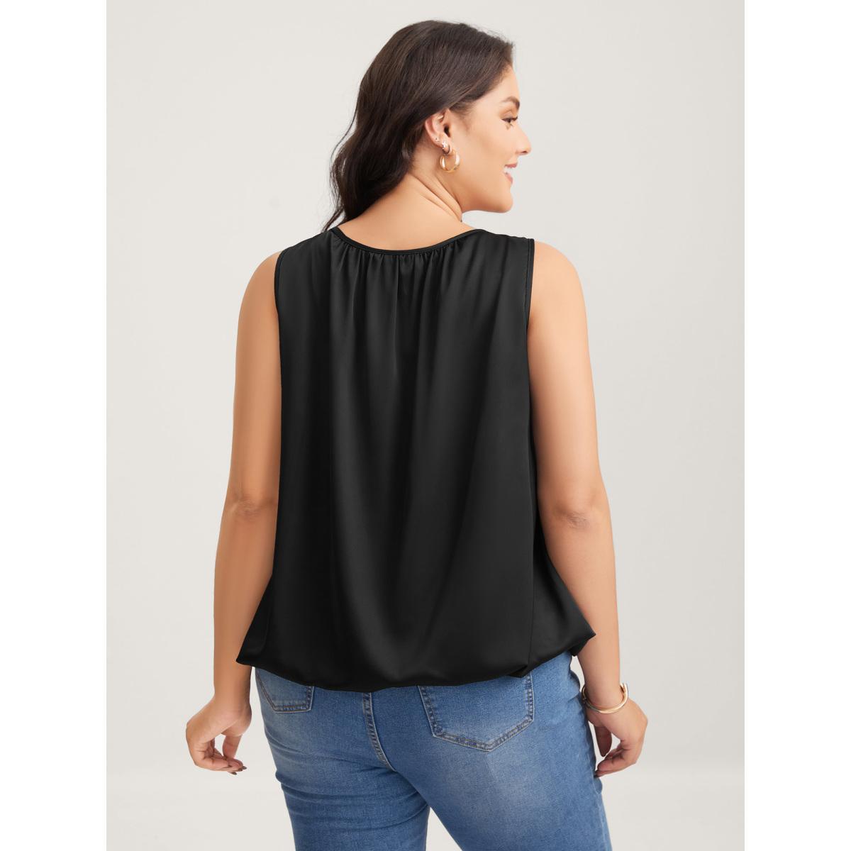 Plus Size Shimmery Pleated Relaxed Fit Top Women Black Gathered Boat Neck Everyday-Elegant Tank Tops Camis BloomChic 28/5X Product Image