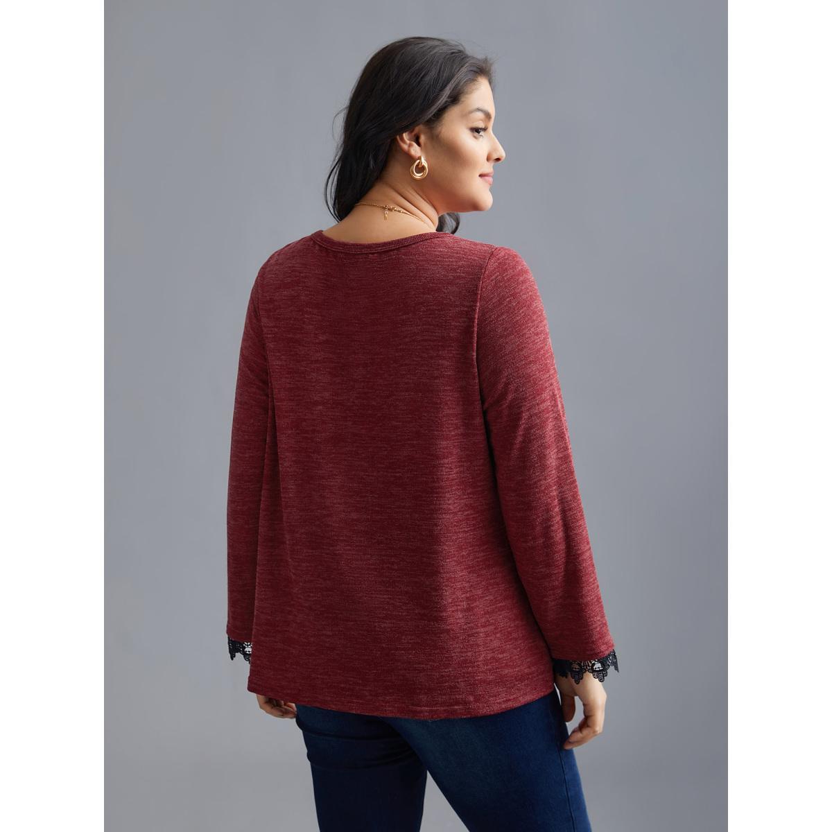 Plus Size V Neck Lace Trim Stitch Button Detail T-Shirt Deepred Women Elegant Woven ribbon&lace trim V-neck Everyday T-shirts BloomChic 18-20/2X Product Image