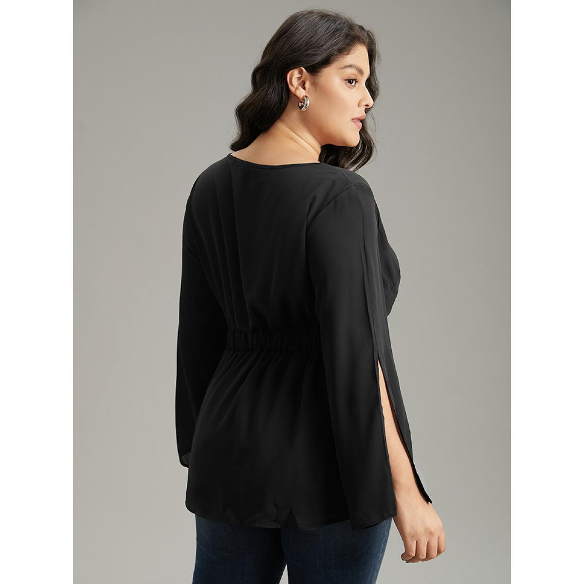 Plus Size Black Solid Chiffon Rhinestone Bell Sleeve Blouse Women Glamour Elbow-length sleeve V-neck Festival-Halloween Blouses BloomChic 22-24/3X Product Image