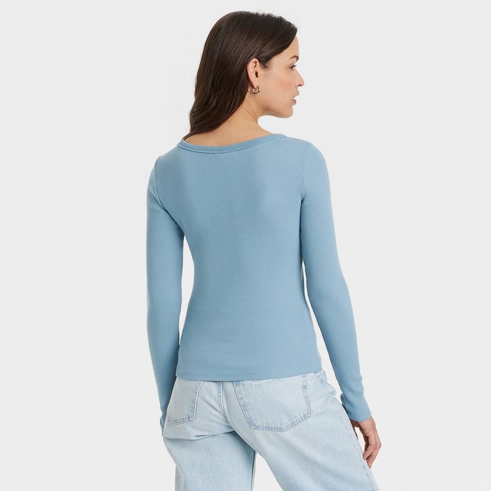 Womens Long Sleeve Rib Scoop Neck T-Shirt - Universal Thread Teal Blue L Product Image