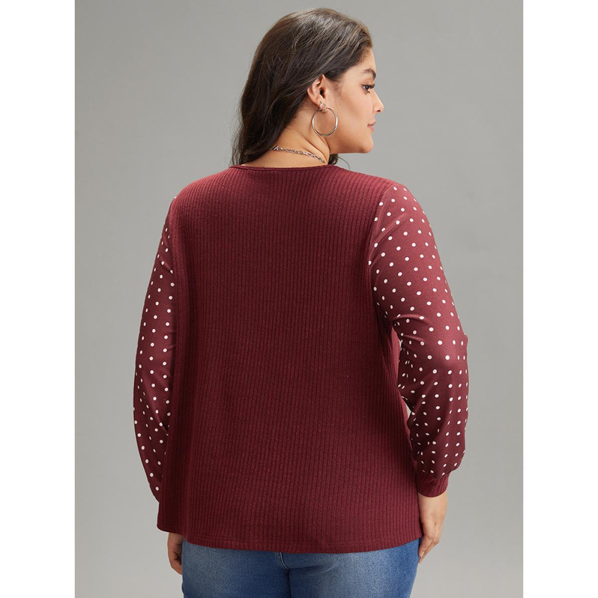 Plus Size Polka Dot Patchwork Button Detail Rib Knit T-shirt Burgundy Women Casual Texture Polka Dot V-neck Dailywear T-shirts BloomChic 10/M Product Image