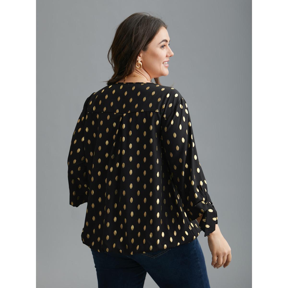 Plus Size Black Glitter Overlap Collar Tie Knot Blouse Women Cocktail Elbow-length sleeve Overlap Collar Party Blouses BloomChic 12/L Product Image