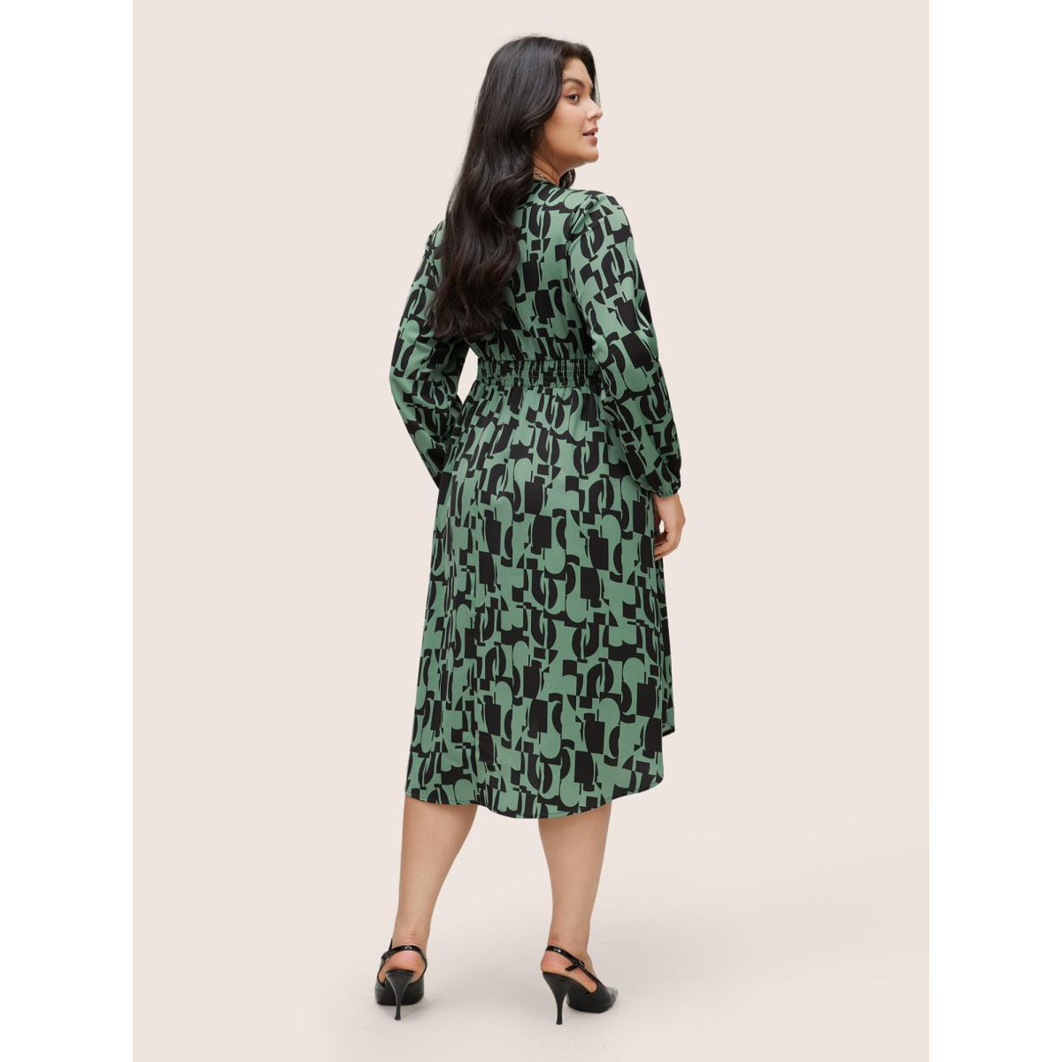 Plus Size Geometric Shirred Elastic Waist Wrap Dress Midnight Women At the Office Non Overlap Collar Long Sleeve Curvy Midi Dress BloomChic 26/4X Product Image