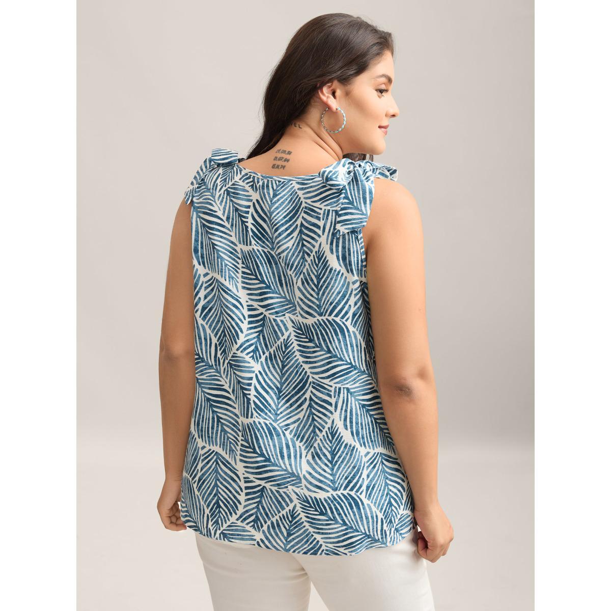 Plus Size Bow Shoulder Leaf Print Button Tank Top Women Mediumblue Tie knot V-neck Vacation Tank Tops Camis BloomChic 26/4X Product Image