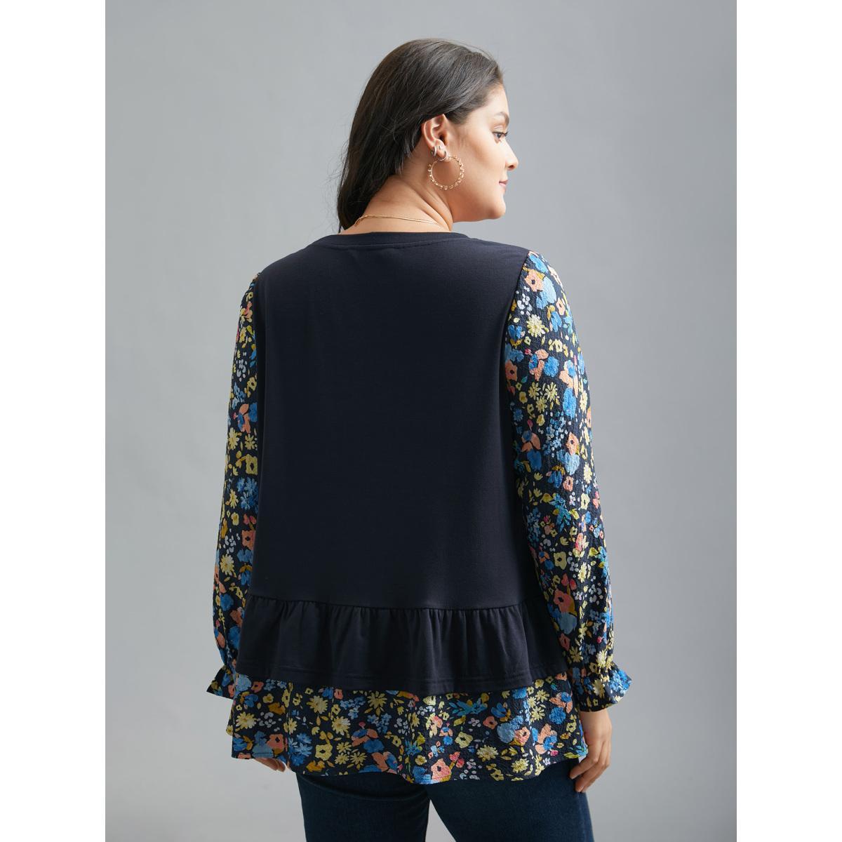 Plus Size Floral Spliced Tiered Hem T-Shirt Indigo Women Elegant Contrast Natural Flowers Round Neck Everyday T-shirts BloomChic 30/6X Product Image