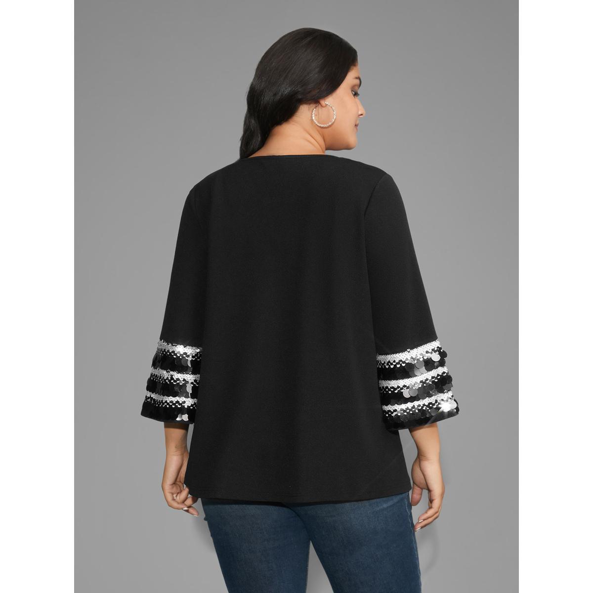 Plus Size Black Sequin Patchwork Keyhole Bell Sleeve Blouse Women Elegant Three Quater Length Sleeve Round Neck Everyday Blouses BloomChic 12/L Product Image