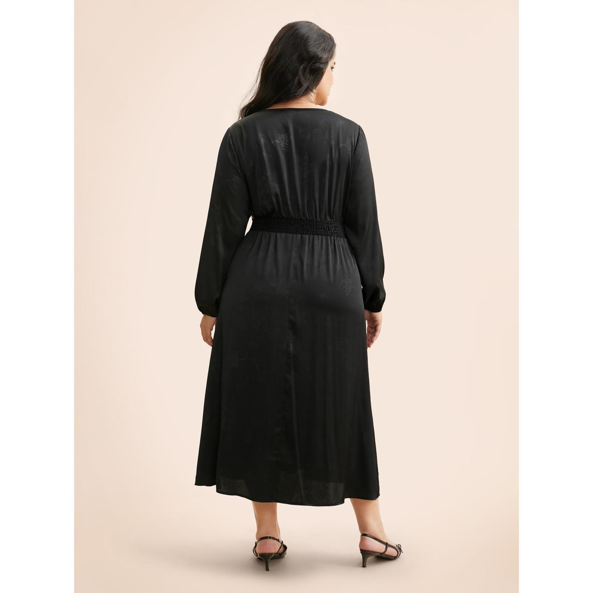 Plus Size Overlap Collar Textured Shirred Lace Trim Dress Black Women Cocktail Woven ribbon&lace trim Overlap Collar Long Sleeve Curvy BloomChic 22-24/3X Product Image