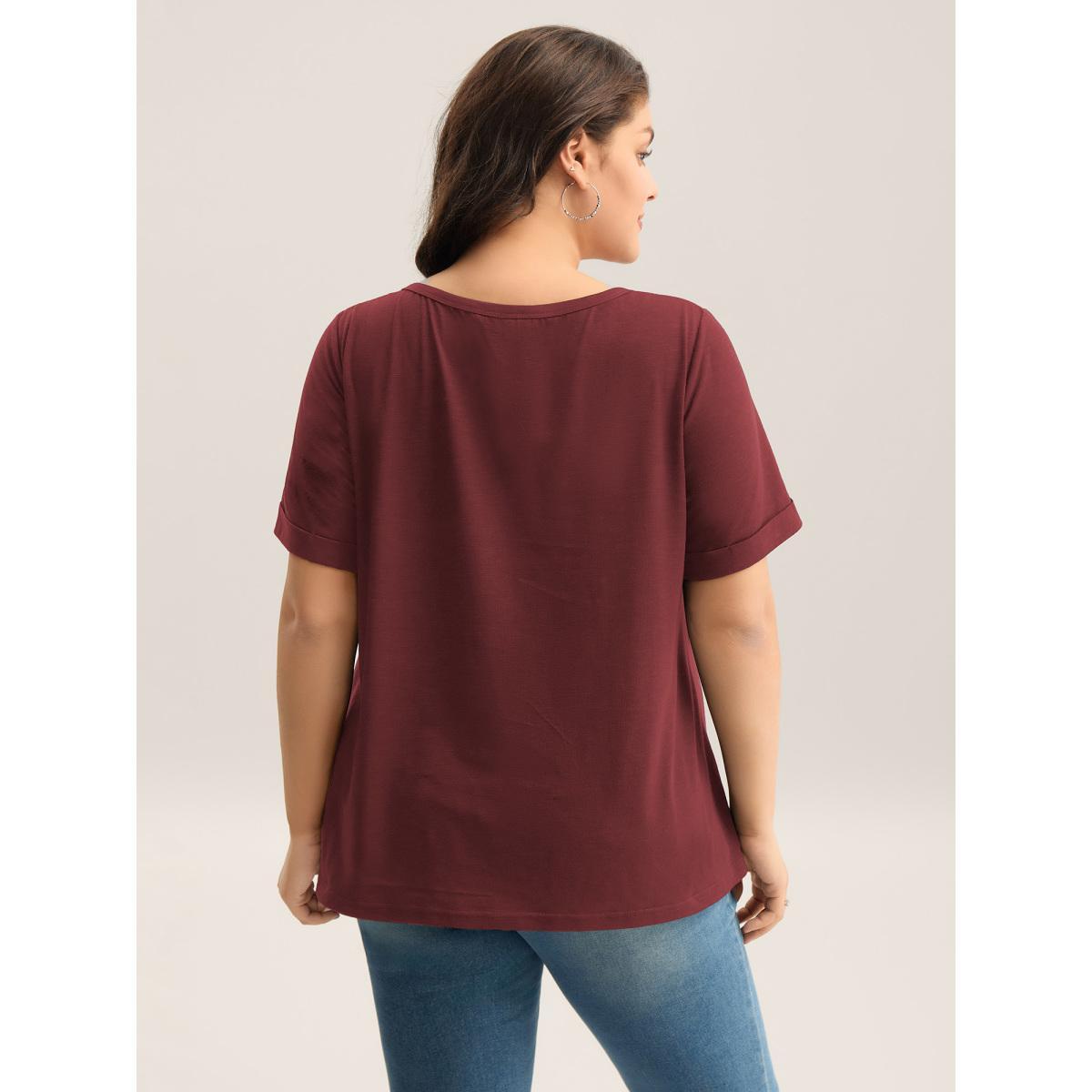 Plus Size Solid Split Neck Button Detail T-Shirt Burgundy Women Button Notched collar Everyday-Casual T-shirts BloomChic 26/4X Product Image