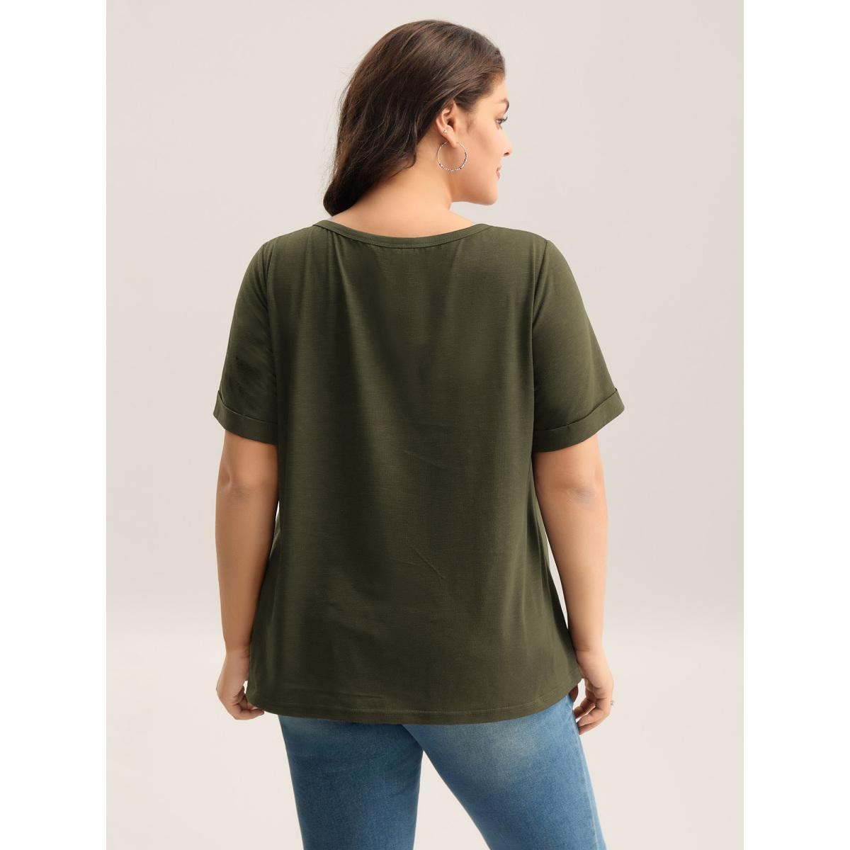 Plus Size Solid Split Neck Button Detail T-Shirt ArmyGreen Women Button Notched collar Everyday-Casual T-shirts BloomChic 26/4X Product Image
