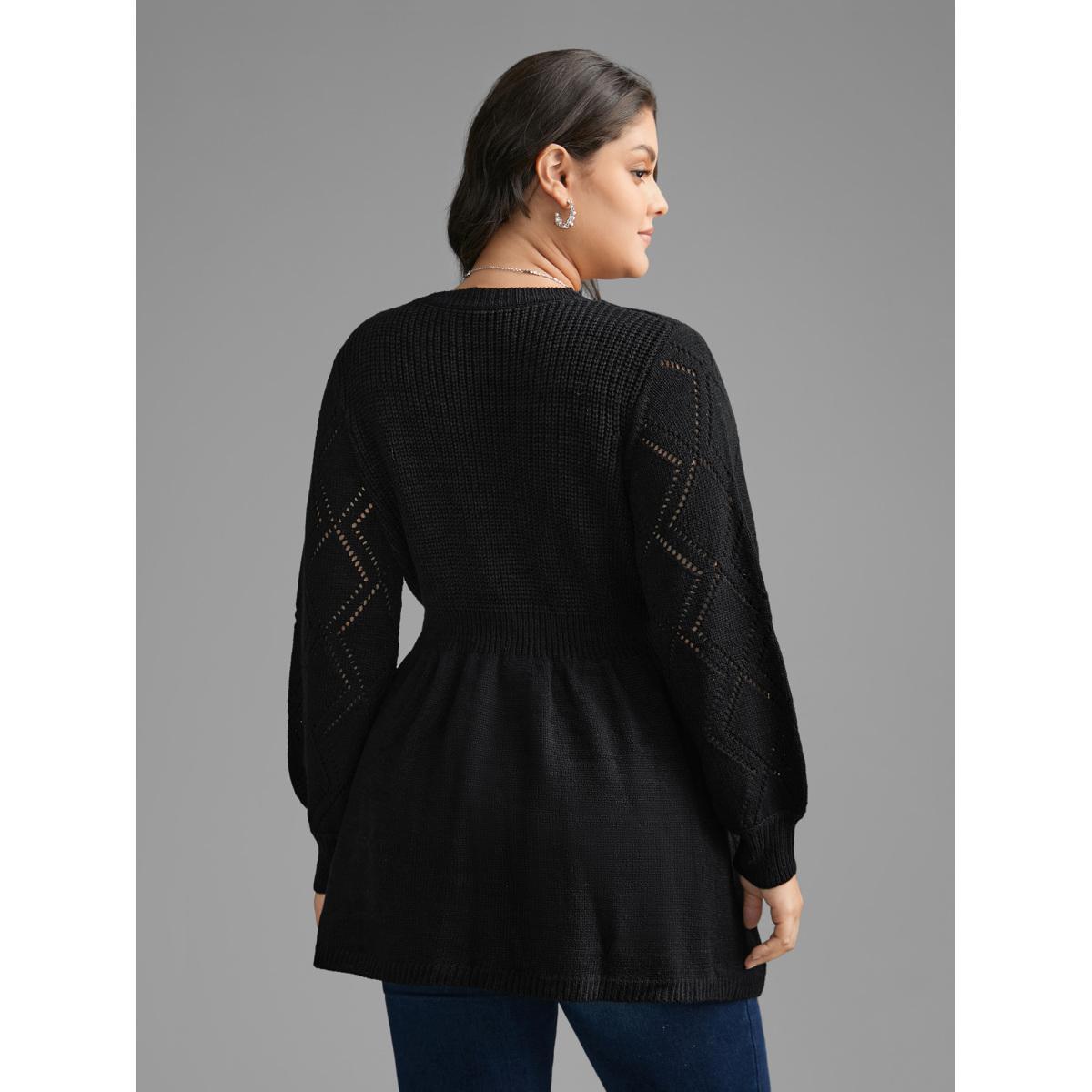 Plus Size V Neck Lace Panel Lantern Sleeve Pullover Black Women Casual Bodycon Long Sleeve V-neck Everyday Pullovers BloomChic 10/M Product Image
