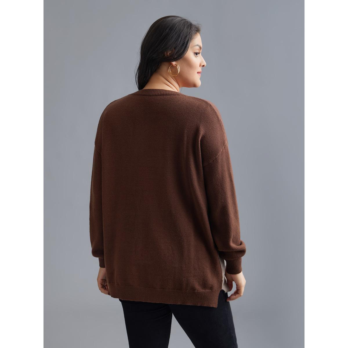 Plus Size Cat Contrast Drop Shoulder Pullover Browncoffeecolor Women Casual Loose Long Sleeve Round Neck Everyday Pullovers BloomChic 28/5X Product Image