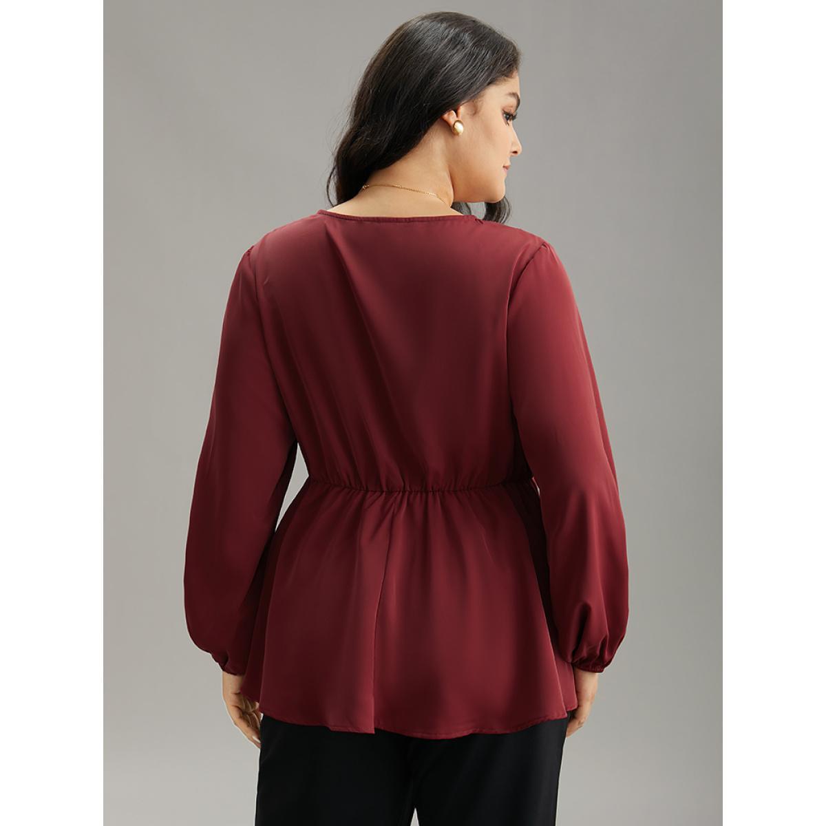 Plus Size Scarlet Static-Free Contrast Lace Lantern Sleeve Blouse Women Office Long Sleeve V-neck Work Blouses BloomChic 30/6X Product Image