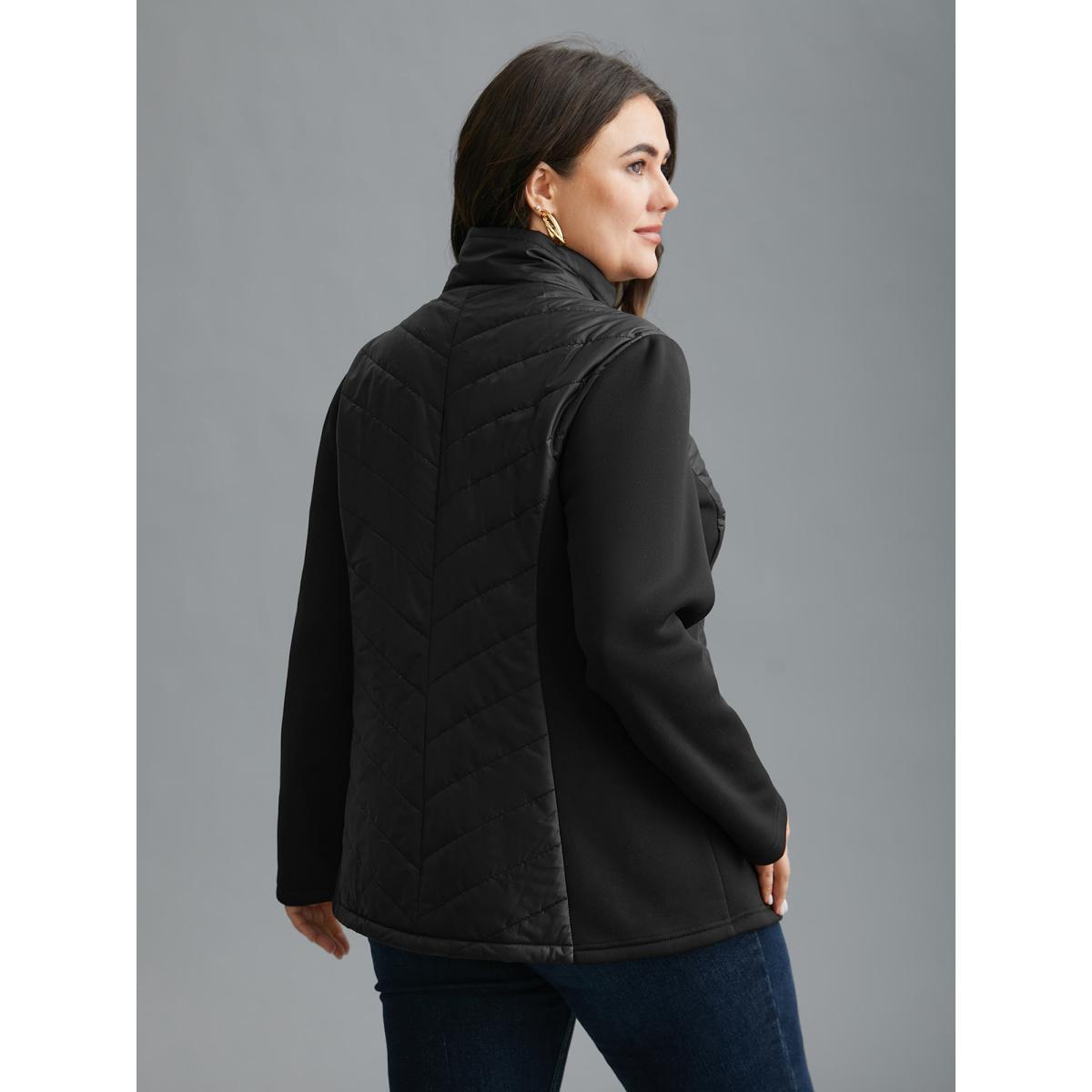 Plus Size Funnel Neck Contrasting Design Zipper Coat Women Black Casual Topstitching Ladies Everyday Winter Coats BloomChic 28/5X Product Image