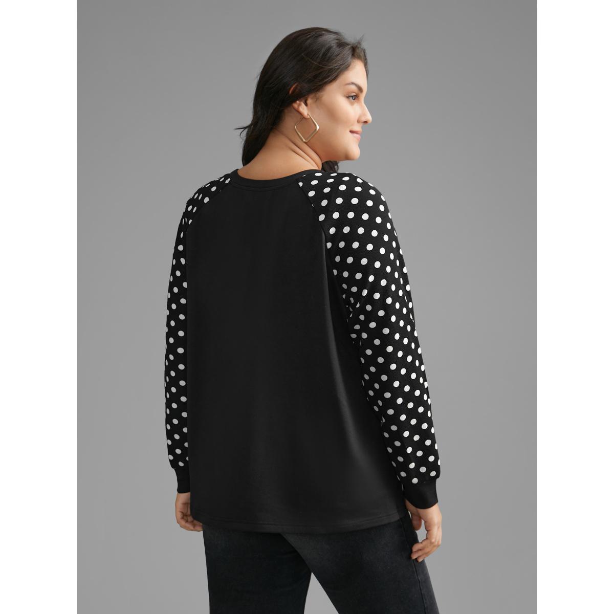 Plus Size Polka Dot Patchwork Raglan Sleeve Sweatshirt Women Black Casual Contrast Loose Round Neck Everyday Sweatshirts BloomChic 12/L Product Image