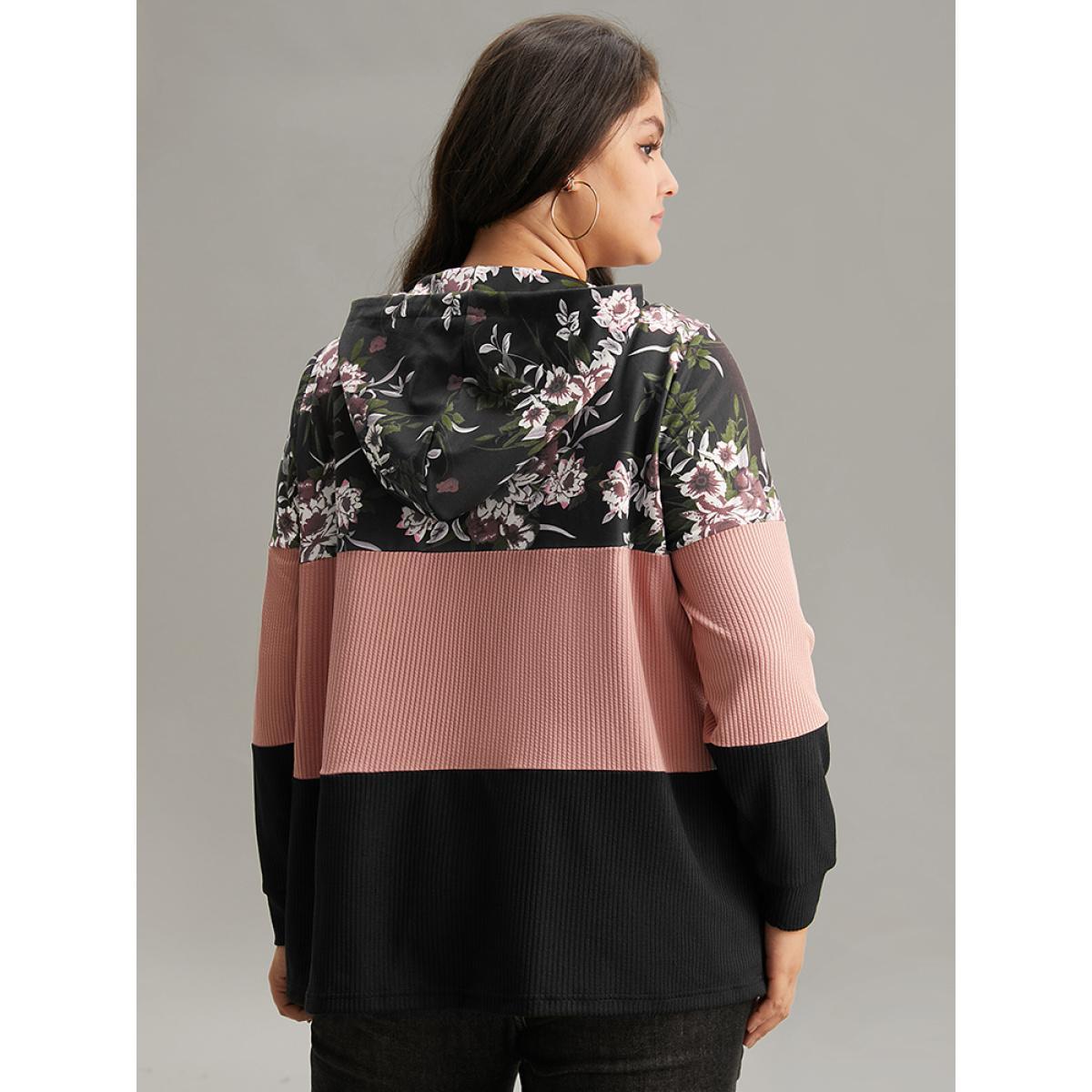 Plus Size Floral Colorblock Contrast O Ring Zipper Hooded Sweatshirt Women Black Casual Texture Hooded Dailywear Sweatshirts BloomChic 10/M Product Image