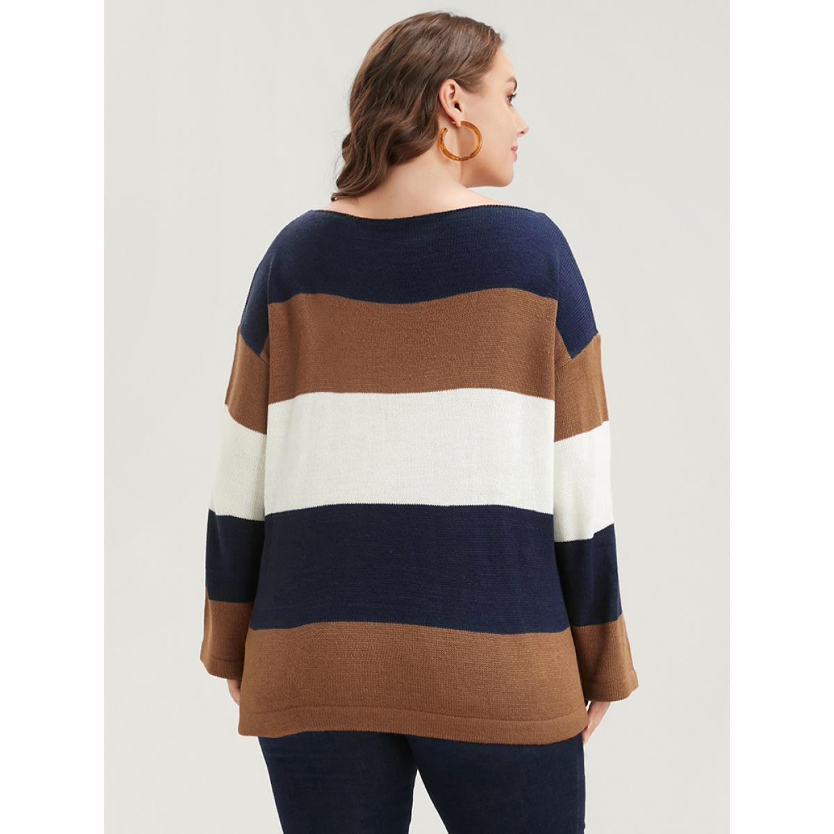 Plus Size Colorblock Contrast Pointelle Knit Eyelet Split Hem Knit Top Midnight Women Casual Loose Long Sleeve Round Neck Dailywear Pullovers BloomChic 30/6X Product Image