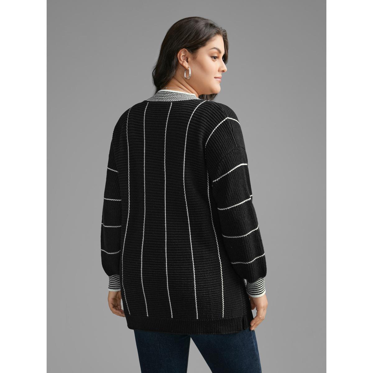 Plus Size Texture Contrast Striped Lantern Sleeve Pullover Black Women Casual Loose Long Sleeve V-neck Everyday Pullovers BloomChic 22-24/3X Product Image