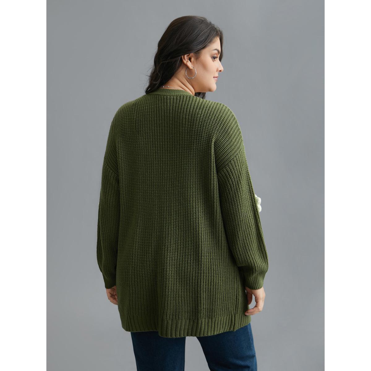 Plus Size Floral Motifs V-Neck Pockets Knit Cardigan Moss Women Casual Loose Long Sleeve Everyday Cardigans BloomChic 14-16/1X Product Image