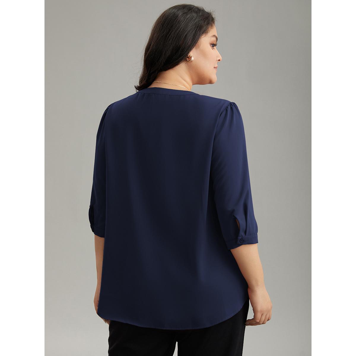 Plus Size DarkBlue Plain Half Zip Gathered Blouse Women Work From Home Elbow-length sleeve V-neck Work Blouses BloomChic 26/4X Product Image