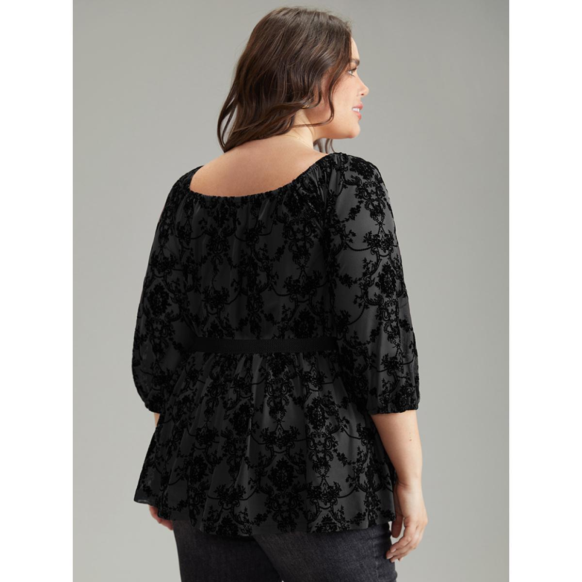 Plus Size Black Silhouette Floral Print Contrast Flocking Square Neck Blouse Women Elegant Elbow-length sleeve Square Neck Everyday Blouses BloomChic 12/L Product Image
