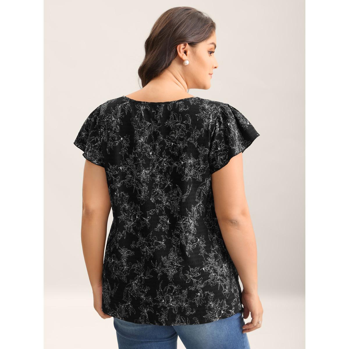 Plus Size Black Silhouette Floral Print Flutter Sleeve Blouse Women Cap Sleeve Notched collar Everyday-Elegant Blouses BloomChic 10/M Product Image