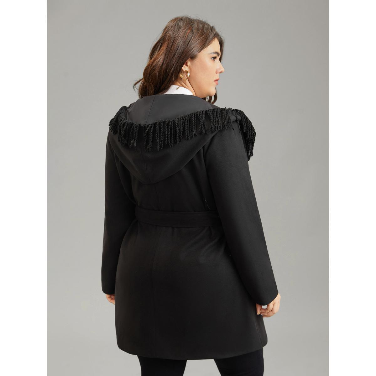 Plus Size Tassels Trim Plain Lapel Collar Belted Coat Women Black Elegant Lined Ladies Dailywear Winter Coats BloomChic 26/4X Product Image