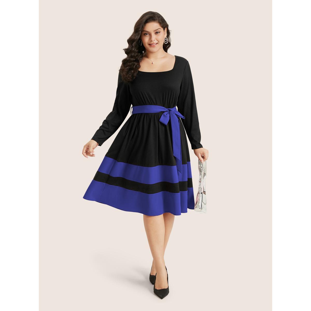 Plus Size Two Tone Belted Bowknot Square Neck Dress Burgundy Women Elegant Non Square Neck Long Sleeve Curvy Knee Dress BloomChic 14-16/1X Product Image