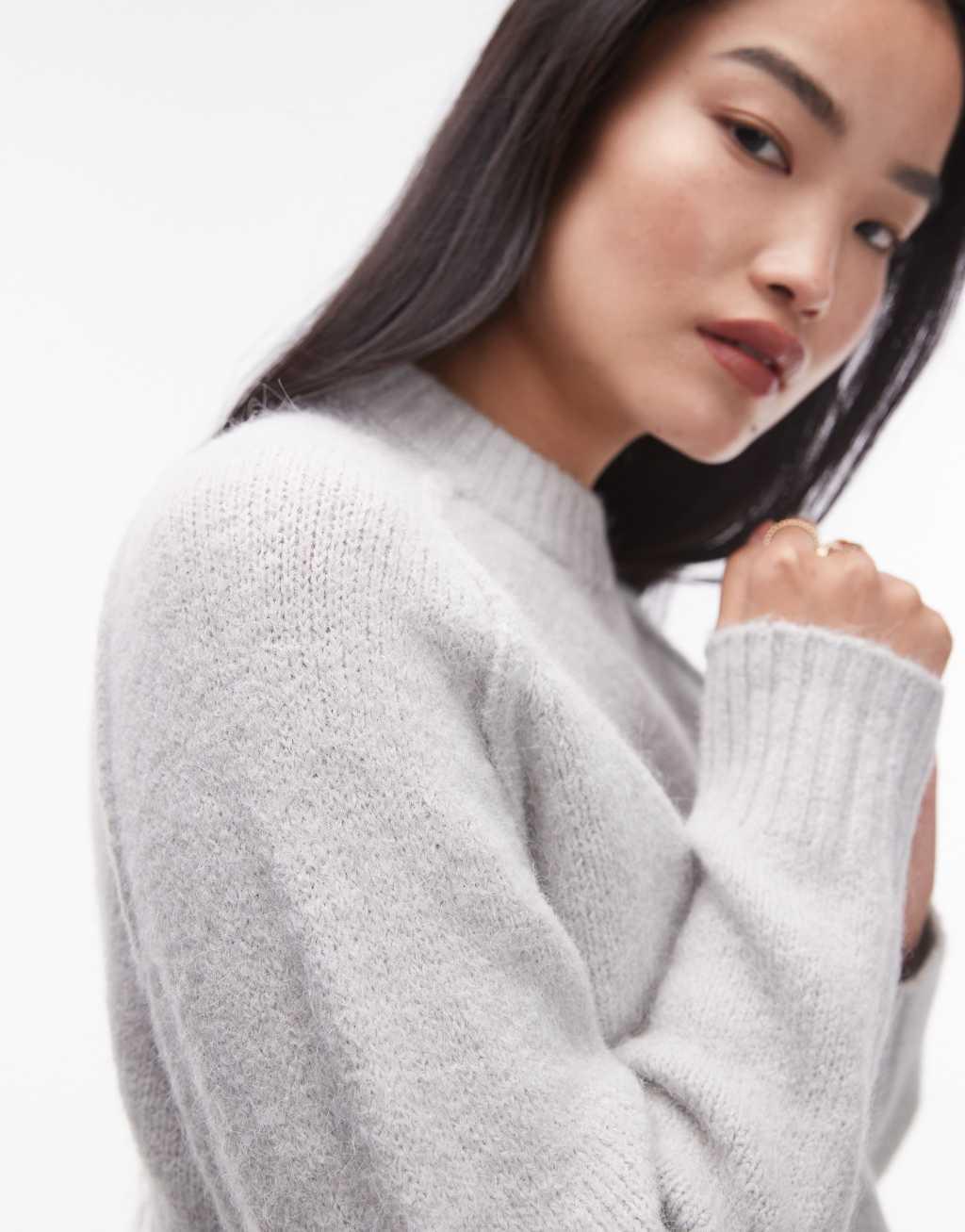 Topshop knit crew with raglan and exposed seam sweater in light gray Product Image