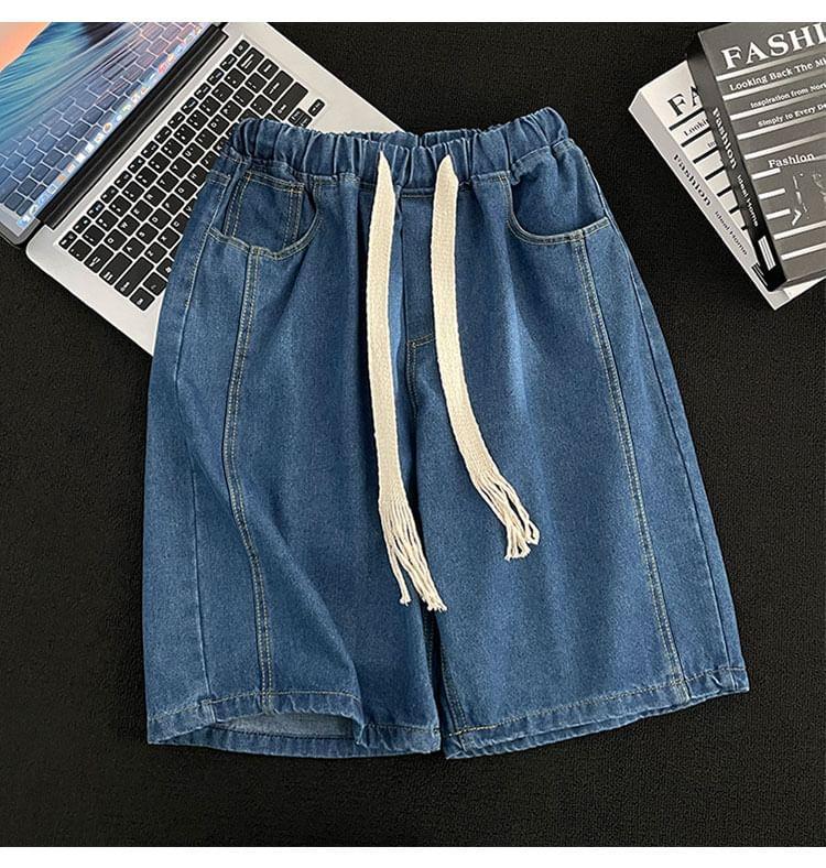 Elastic Waist Washed Denim Shorts Product Image