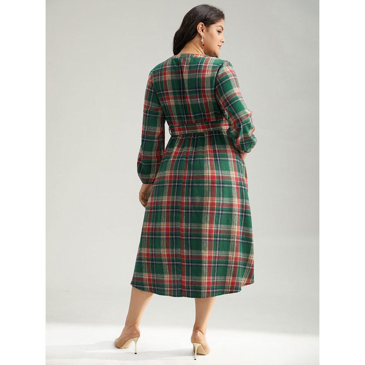 Plus Size Plaid Notched Belted Pocket Curved Hem Dress Emerald Women Office Elastic cuffs Notched collar Long Sleeve Curvy Midi Dress BloomChic 30/6X Product Image
