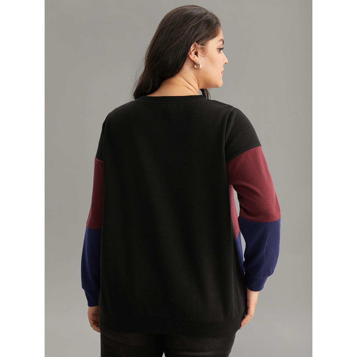 Plus Size Colorblock Contrast O Ring Zipper Sweatshirt Women Black Casual Rib Knit Open Front Dailywear Sweatshirts BloomChic 12/L Product Image