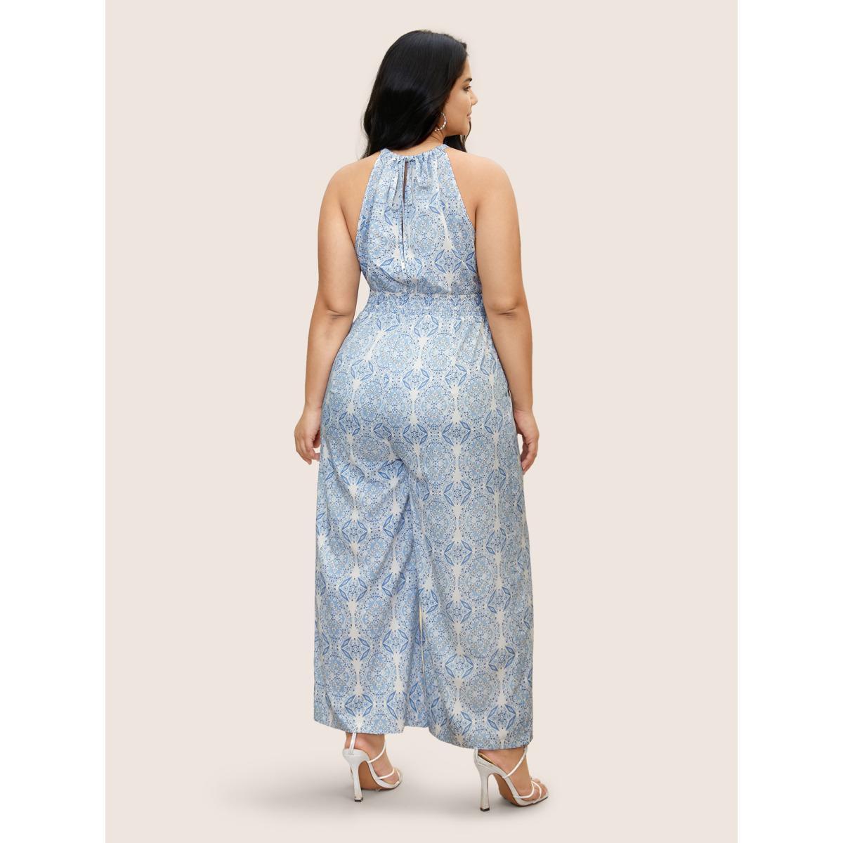 Plus Size LightBlue Halter Boho Print Shirred Gathered Jumpsuit Women Resort Sleeveless Halter neck Vacation Loose Jumpsuits BloomChic 10/M Product Image