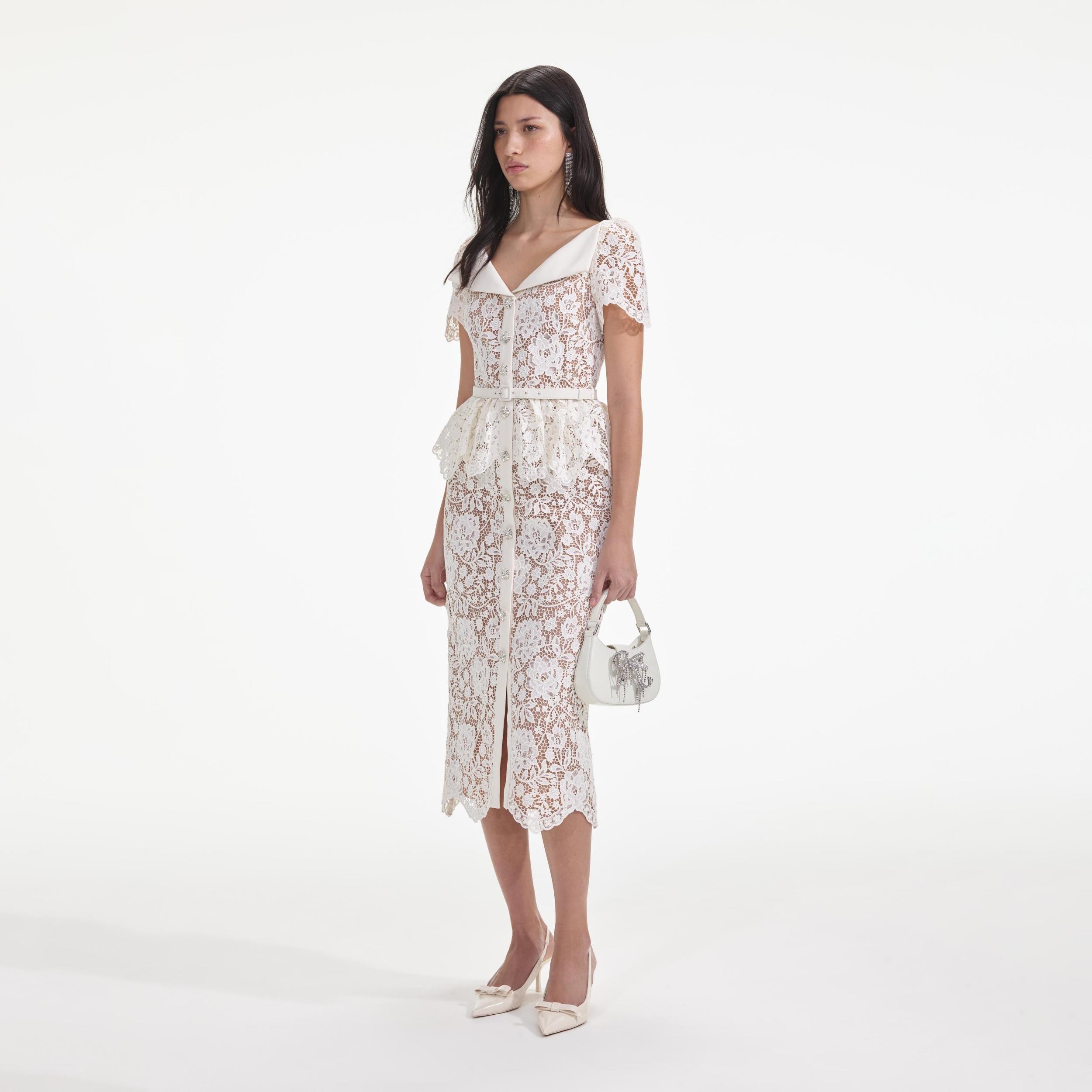Cream Lace Peplum Midi Dress Product Image