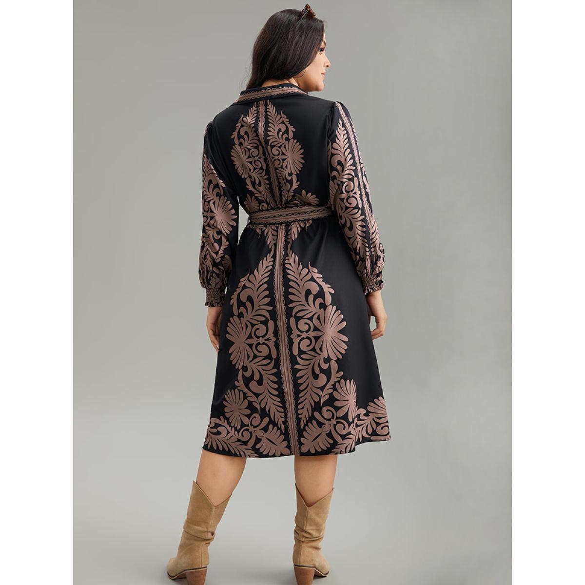 Plus Size Boho Print Shirt Collar Belted Dress Black Women Vacation Belted Shirt collar Long Sleeve Curvy Midi Dress BloomChic 18-20/2X Product Image