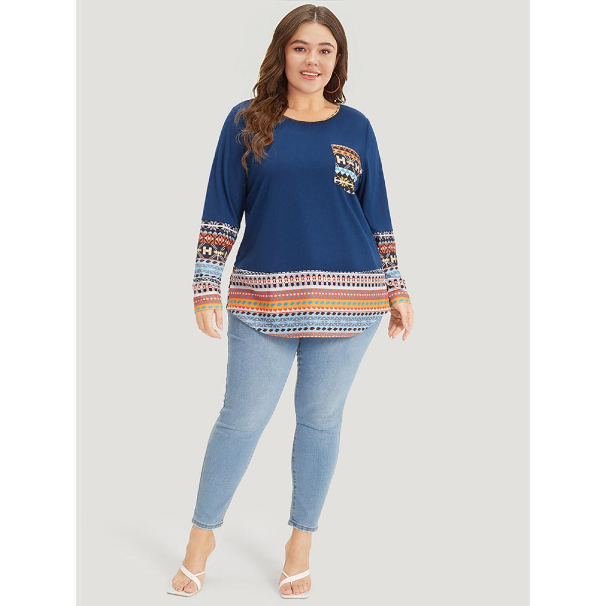 Plus Size Bandana Print Patched Pocket Curved Hem T-shirt Blue Women Elegant Patchwork Bohemian Print Round Neck Dailywear T-shirts BloomChic 18-20/2X Product Image