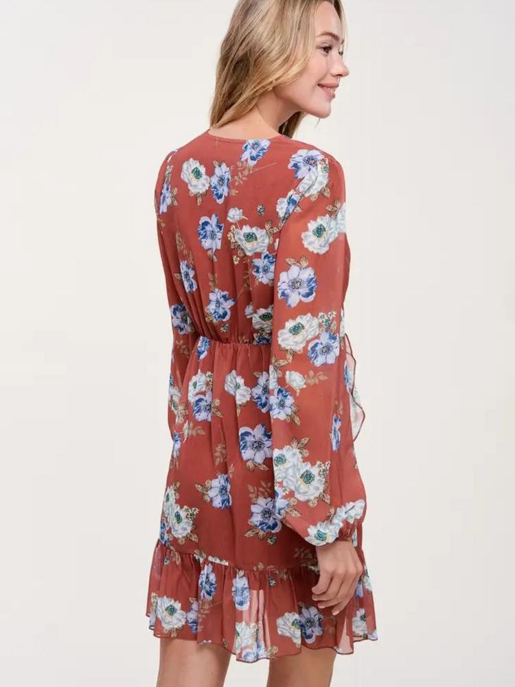 Floral Print V Neck Wrap Long Balloon Sleeve Midi Dress Product Image