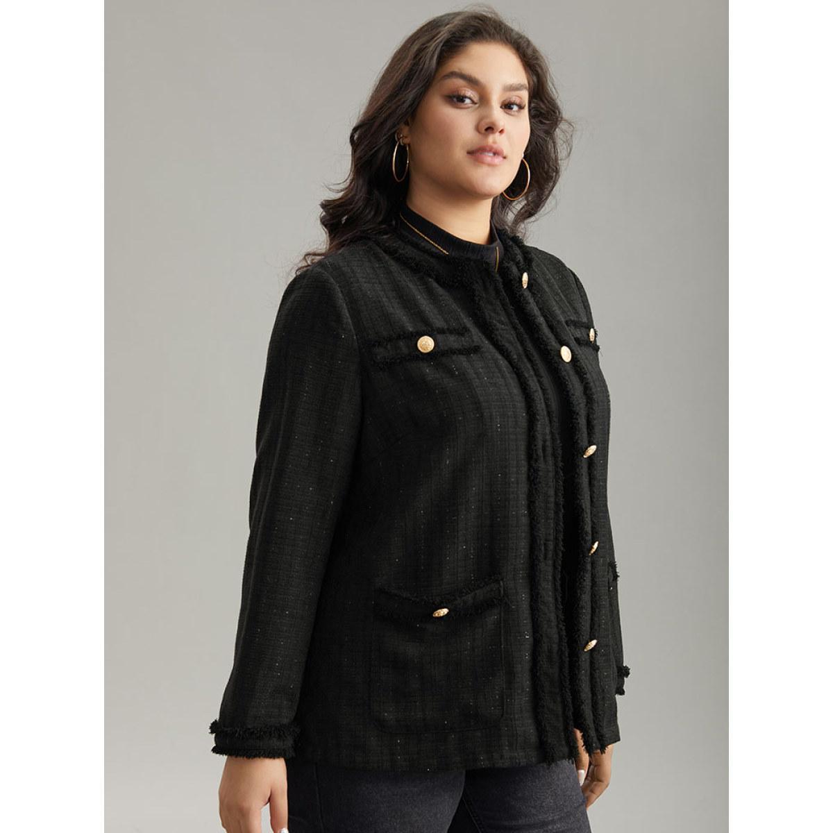 Plus Size Fuzzy Trim Pocket Metal Button Fly Jacket Women Black Casual Plain Ladies Everyday Winter Coats BloomChic 18-20/2X Product Image