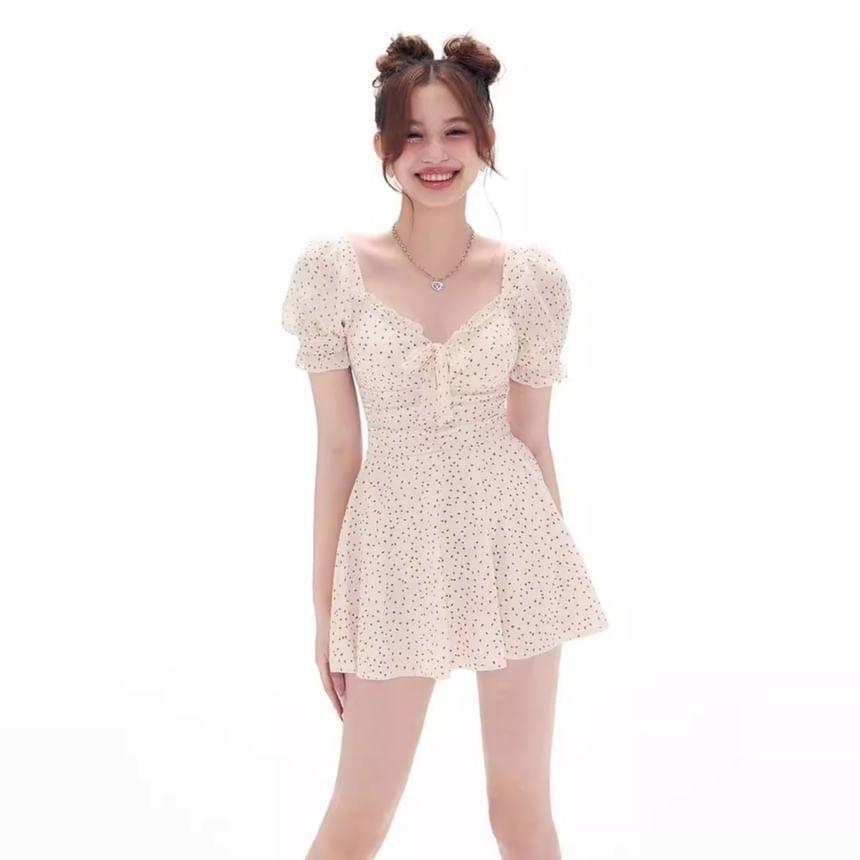 Short Sleeve V-Neck Patterned Print Bow Swimdress Product Image