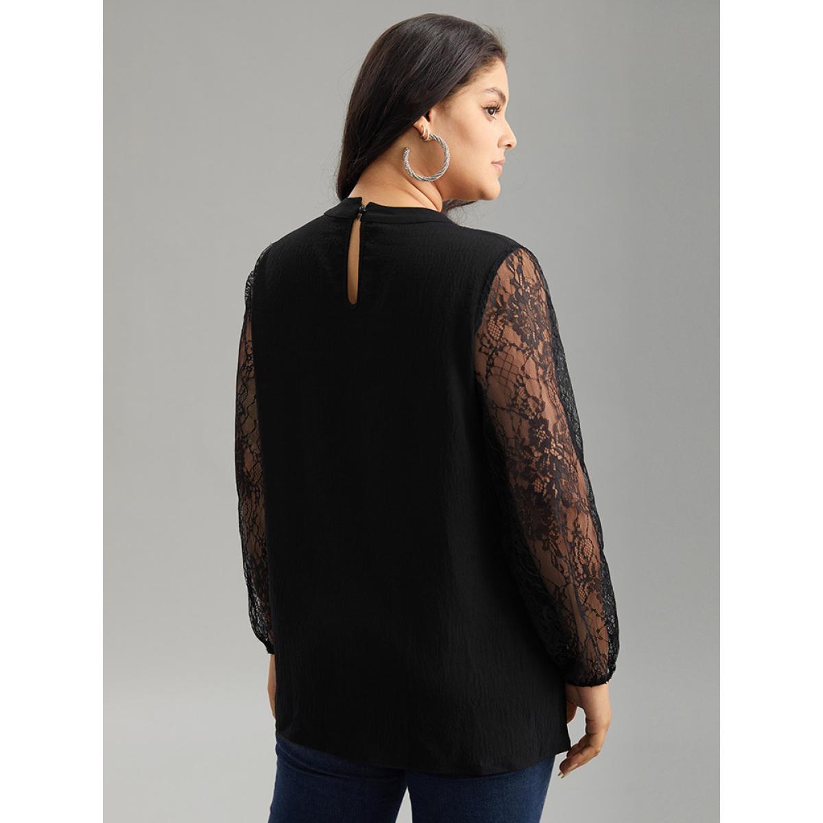 Plus Size Black Halloween Eyelet Lace Cut Out Mesh Blouse Women Elegant Long Sleeve Keyhole Cut-Out Festival-Halloween Blouses BloomChic 18-20/2X Product Image