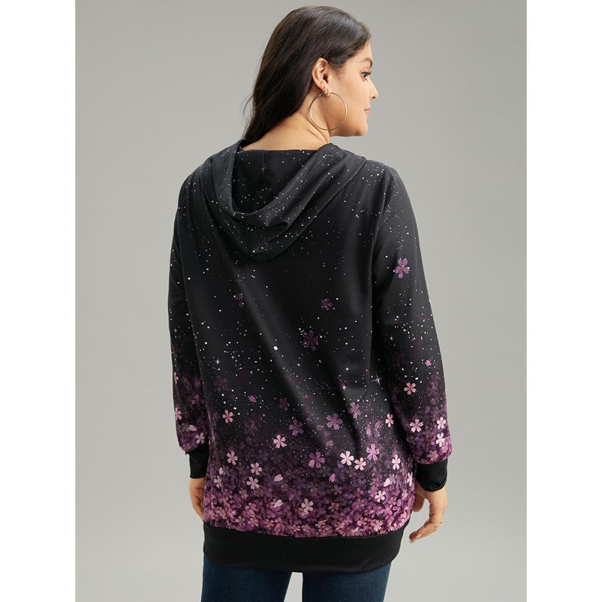 Plus Size Floral Hooded Kangaroo Pocket Sweatshirt Women Black Casual Printed Hooded Dailywear Sweatshirts BloomChic 14-16/1X Product Image