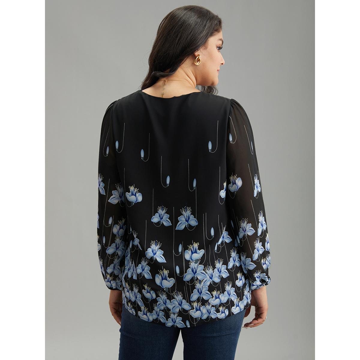 Plus Size BlackFlower Boho Print Lace Patchwork Mesh Button Up Blouse Women Elegant Long Sleeve V-neck Dailywear Blouses BloomChic 28/5X Product Image