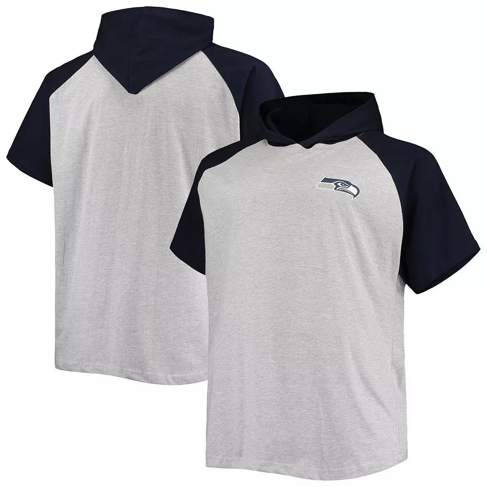 Men's Heathered Gray/College Navy Seattle Seahawks Big & Tall Raglan Short Sleeve Pullover Hoodie, Size: 3XB, Grey Product Image