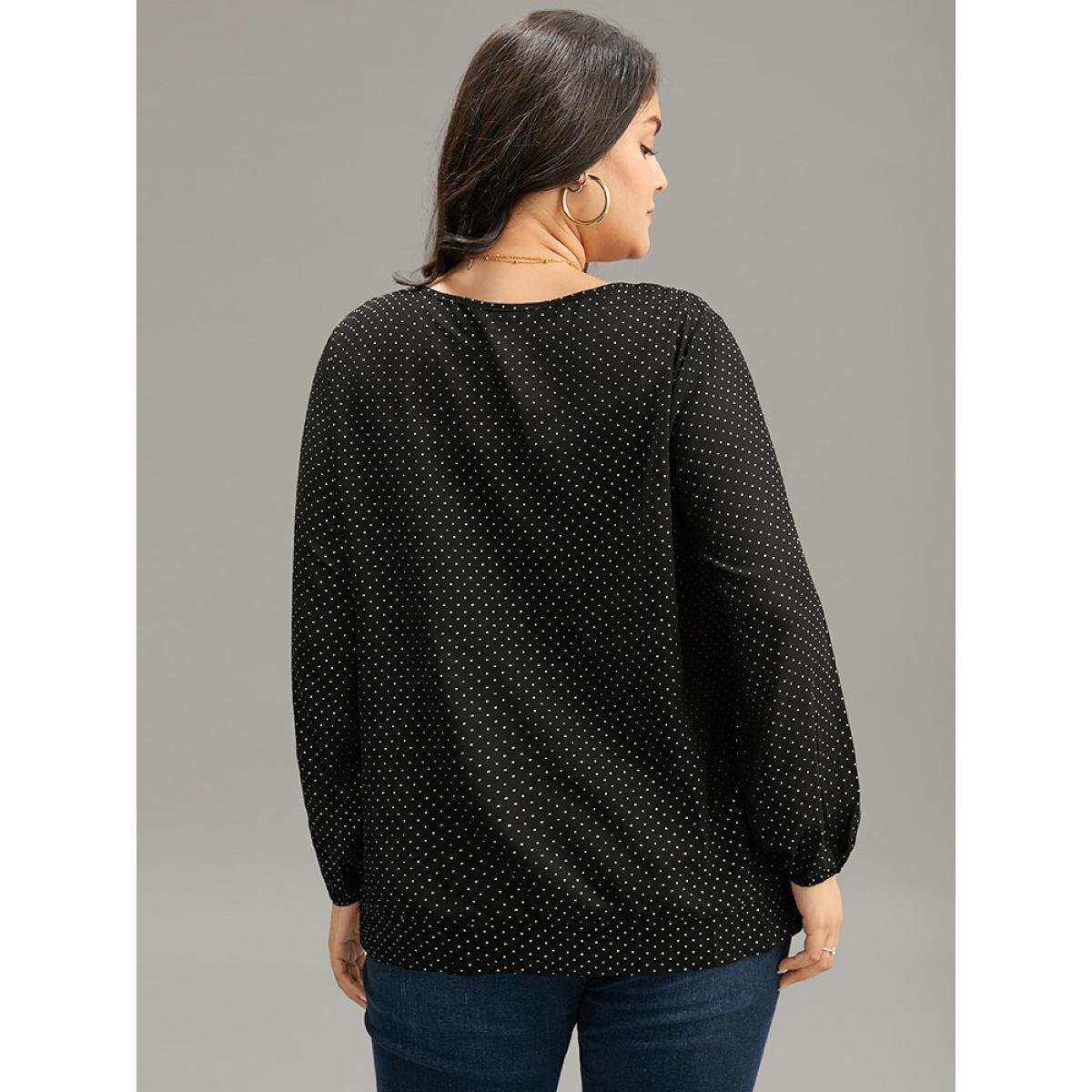 Plus Size BlackFlower Glitter Polka Dot Puff Sleeve Keyhole Blouse Women Elegant Long Sleeve Round Neck Dailywear Blouses BloomChic 30/6X Product Image
