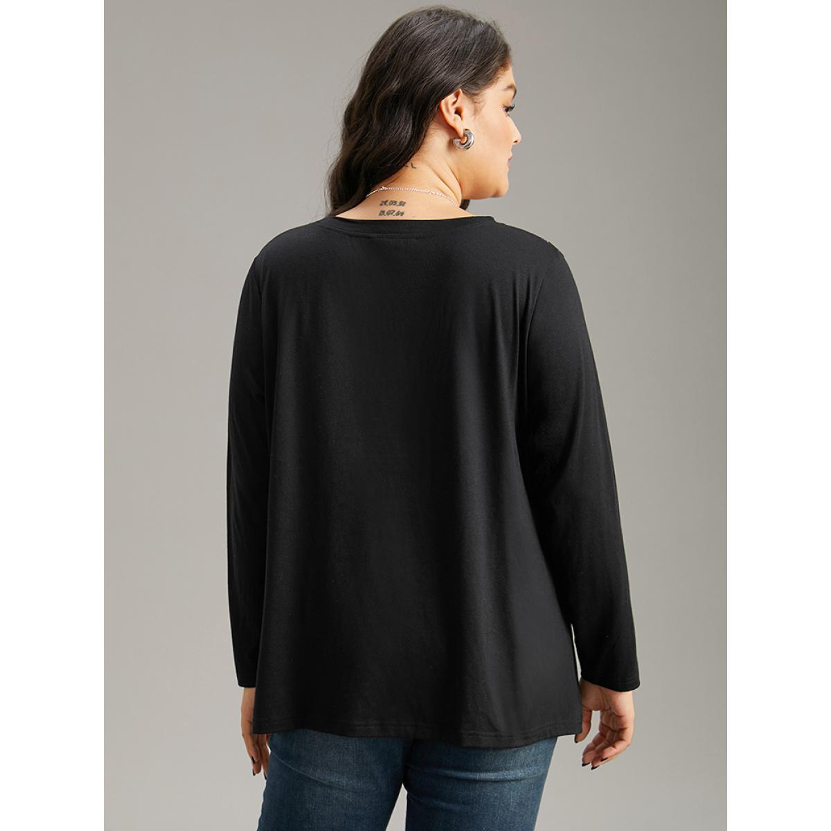 Plus Size Star Mesh Patchwork Button Detail T-shirt Black Women Elegant See through Moon and Star Round Neck Dailywear T-shirts BloomChic 28/5X Product Image