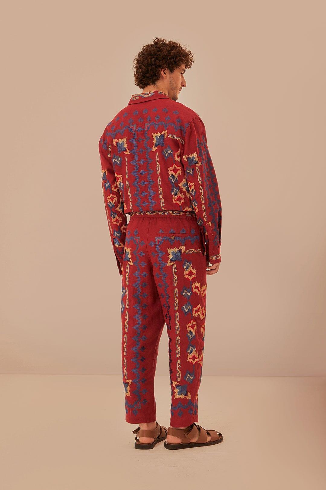 Red Floral Embroidery Jacquard Pants, BURGUNDY / XXS Product Image