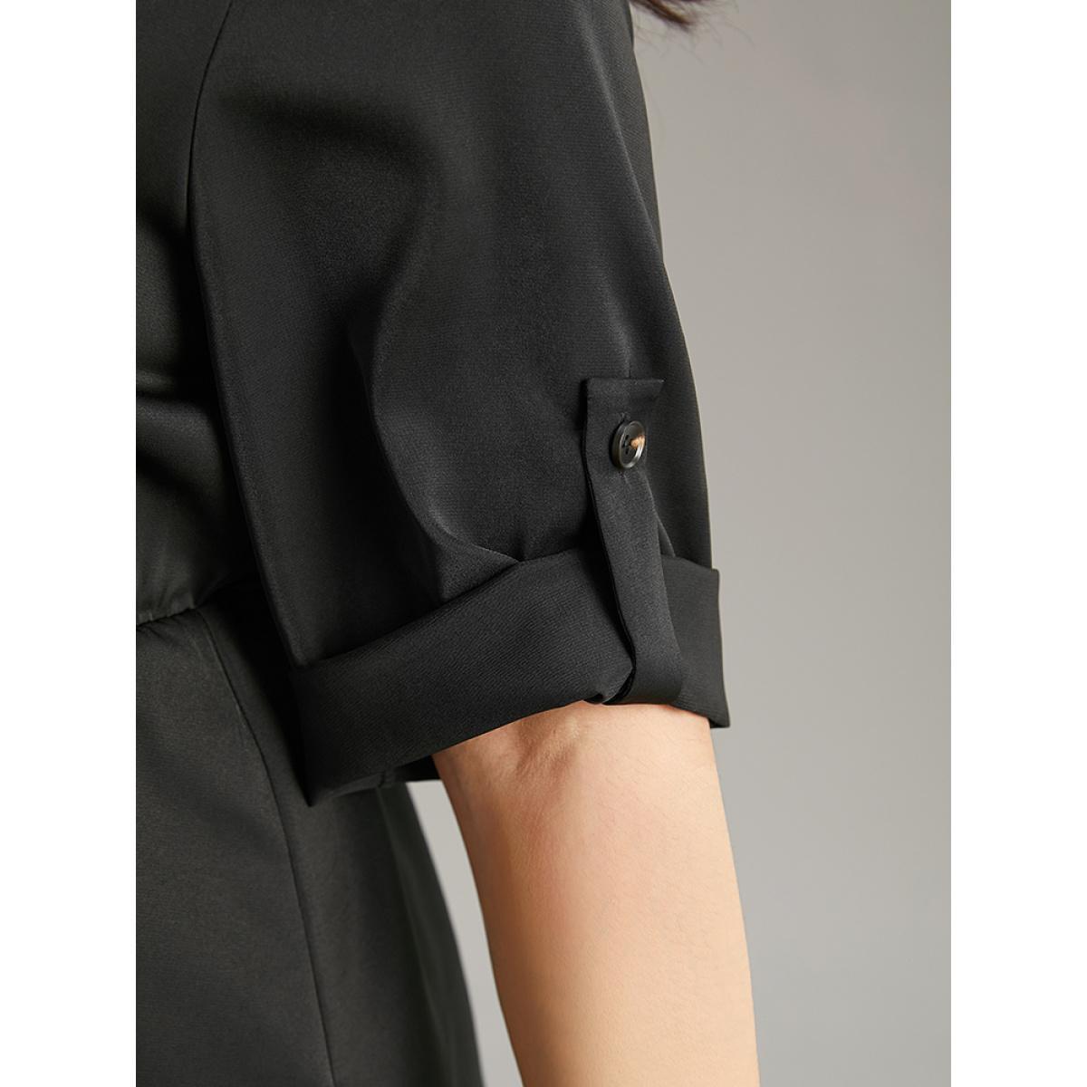 Plus Size Black Contrast Button Detail Tab Sleeve Blouse Women At the Office Elbow-length sleeve V-neck Work Blouses BloomChic 18-20/2X Product Image